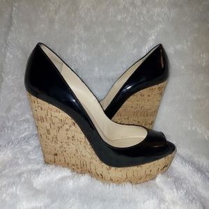 Authenticated Louboutin Crock Black Leather Patent Wedges, Size 41.5